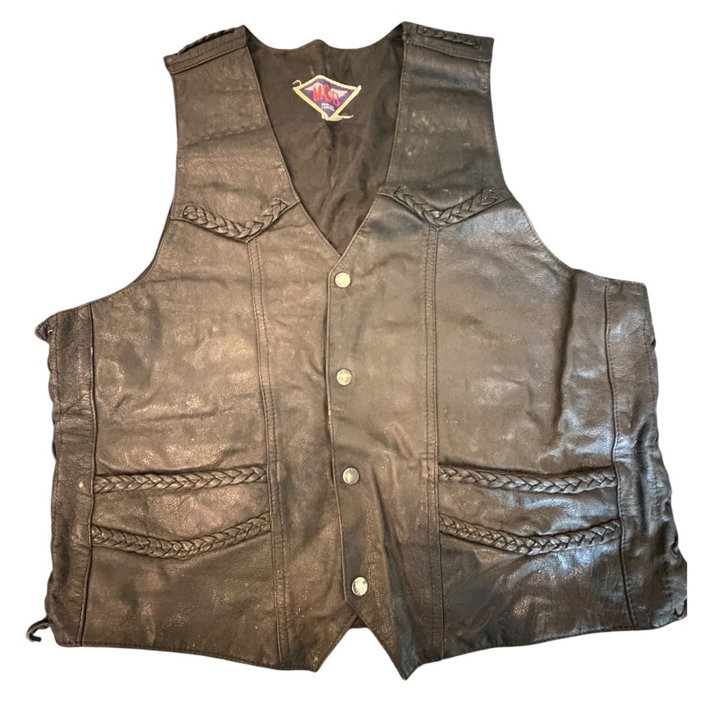MOB Mens XL Black Genuine Leather Motorcycle Vest Braided‎ Trim Side Lace Biker